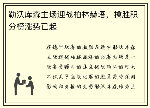 勒沃库森主场迎战柏林赫塔，擒胜积分榜涨势已起