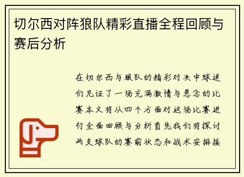 切尔西对阵狼队精彩直播全程回顾与赛后分析