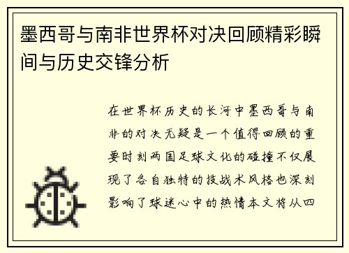 墨西哥与南非世界杯对决回顾精彩瞬间与历史交锋分析