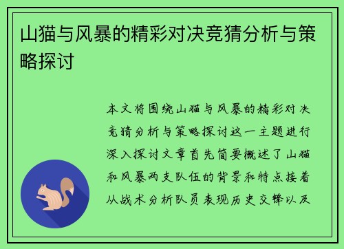 山猫与风暴的精彩对决竞猜分析与策略探讨