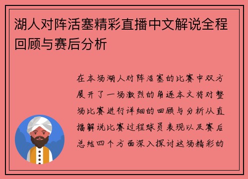 湖人对阵活塞精彩直播中文解说全程回顾与赛后分析