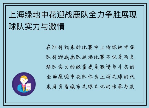 上海绿地申花迎战鹿队全力争胜展现球队实力与激情