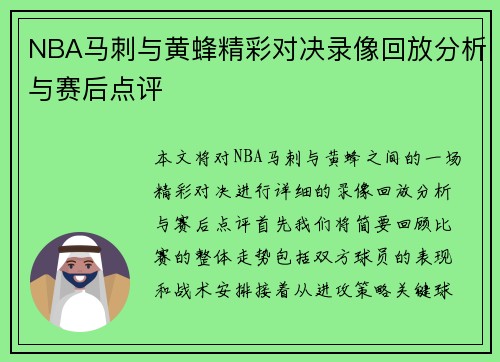 NBA马刺与黄蜂精彩对决录像回放分析与赛后点评