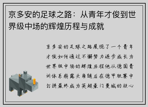 京多安的足球之路：从青年才俊到世界级中场的辉煌历程与成就