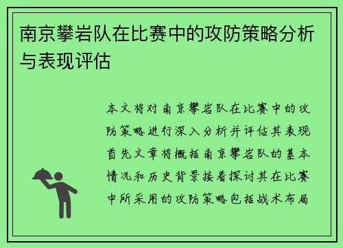南京攀岩队在比赛中的攻防策略分析与表现评估