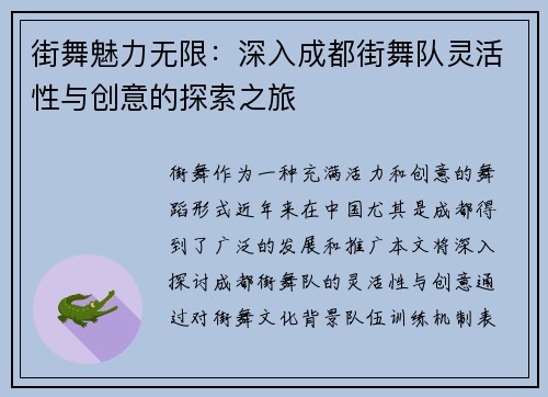 街舞魅力无限：深入成都街舞队灵活性与创意的探索之旅