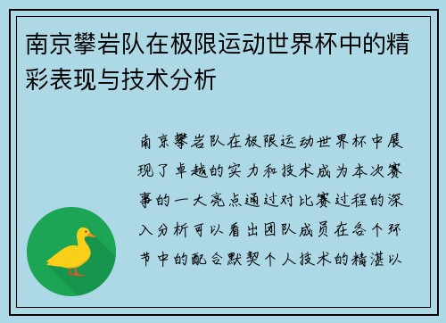 南京攀岩队在极限运动世界杯中的精彩表现与技术分析